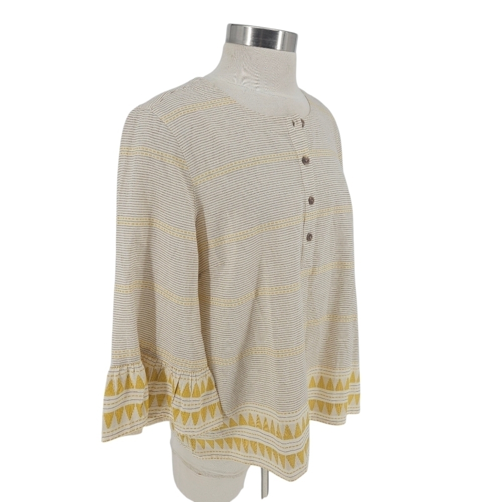 J. Jill Henley Shirt Butter Yellow Stripe Bell 3/4 Sleeve Peasant Top Petite PL - Picture 3 of 9